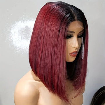 “Burgundy Luxe Bob™”– 1B/99J Glueless Straight Indian Human Hair Wig with Black Roots | HD Lace, Pre-Plucked Hair style 3