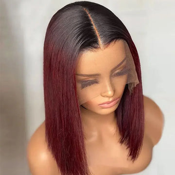 “Burgundy Luxe Bob™”– 1B/99J Glueless Straight Indian Human Hair Wig with Black Roots | HD Lace, Pre-Plucked Hair style 2